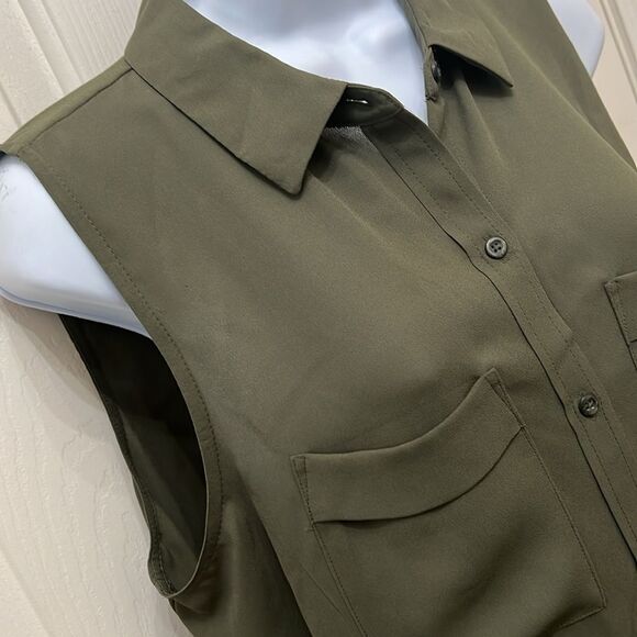 Apt 9 Blouse Collar Button Front Sleeveless Pockets Slit Grape Leaf Hunter Green - Picture 3 of 11
